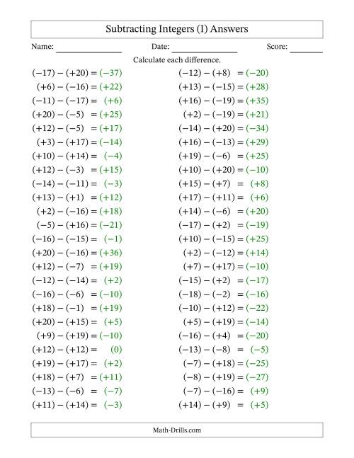 The Subtracting Mixed Integers from -20 to 20 (50 Questions; All Parentheses) (I) Math Worksheet Page 2