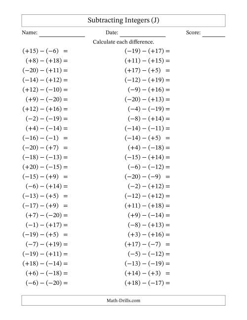 The Subtracting Mixed Integers from -20 to 20 (50 Questions; All Parentheses) (J) Math Worksheet