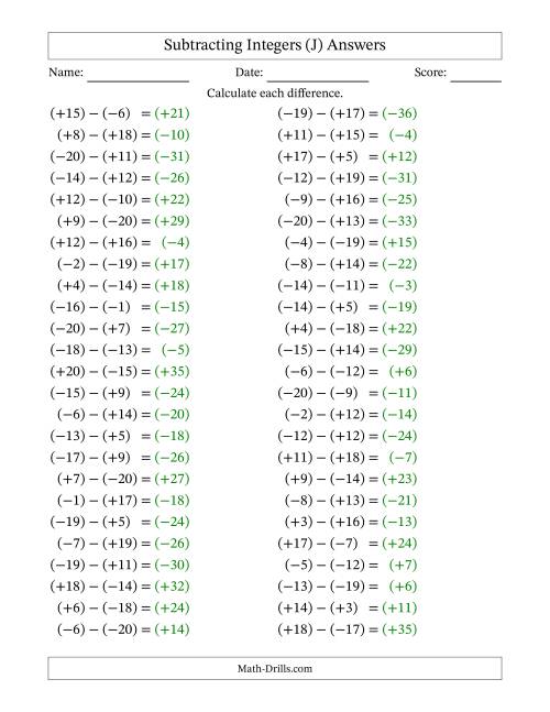 The Subtracting Mixed Integers from -20 to 20 (50 Questions; All Parentheses) (J) Math Worksheet Page 2
