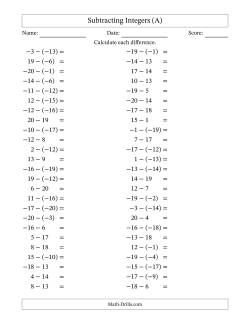 Subtracting Mixed Integers from -20 to 20 (50 Questions)