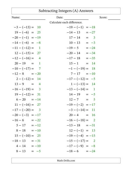 The Subtracting Mixed Integers from -20 to 20 (50 Questions) (A) Math Worksheet Page 2