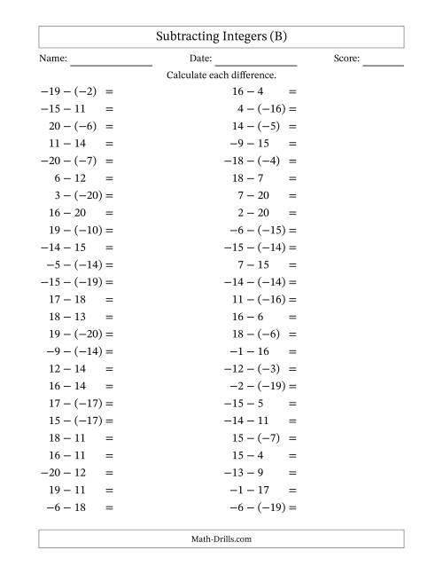 The Subtracting Mixed Integers from -20 to 20 (50 Questions) (B) Math Worksheet