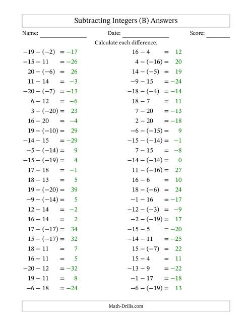 The Subtracting Mixed Integers from -20 to 20 (50 Questions) (B) Math Worksheet Page 2