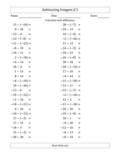 The Subtracting Mixed Integers from -20 to 20 (50 Questions) (C) Math Worksheet