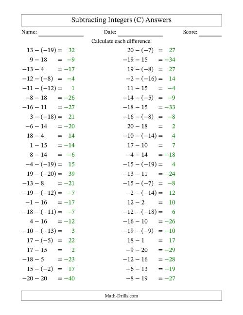 The Subtracting Mixed Integers from -20 to 20 (50 Questions) (C) Math Worksheet Page 2