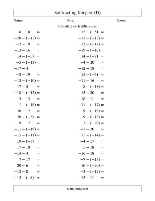 The Subtracting Mixed Integers from -20 to 20 (50 Questions) (D) Math Worksheet