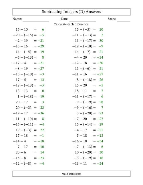 The Subtracting Mixed Integers from -20 to 20 (50 Questions) (D) Math Worksheet Page 2