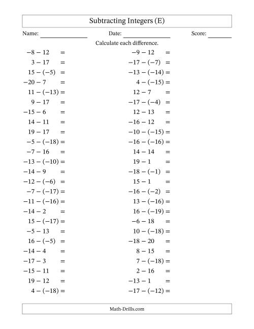 The Subtracting Mixed Integers from -20 to 20 (50 Questions) (E) Math Worksheet