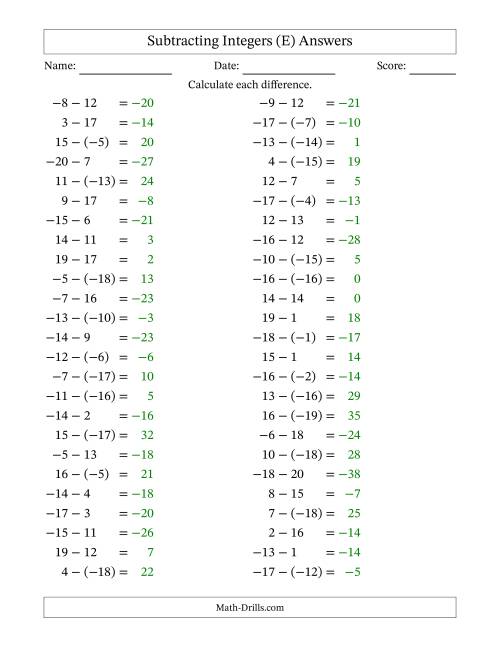 The Subtracting Mixed Integers from -20 to 20 (50 Questions) (E) Math Worksheet Page 2
