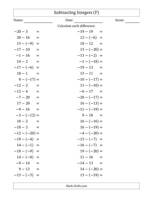 The Subtracting Mixed Integers from -20 to 20 (50 Questions) (F) Math Worksheet