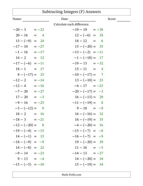 The Subtracting Mixed Integers from -20 to 20 (50 Questions) (F) Math Worksheet Page 2