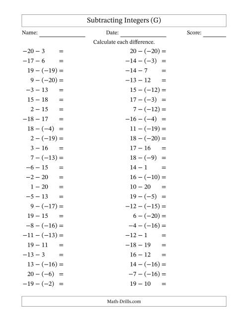 The Subtracting Mixed Integers from -20 to 20 (50 Questions) (G) Math Worksheet