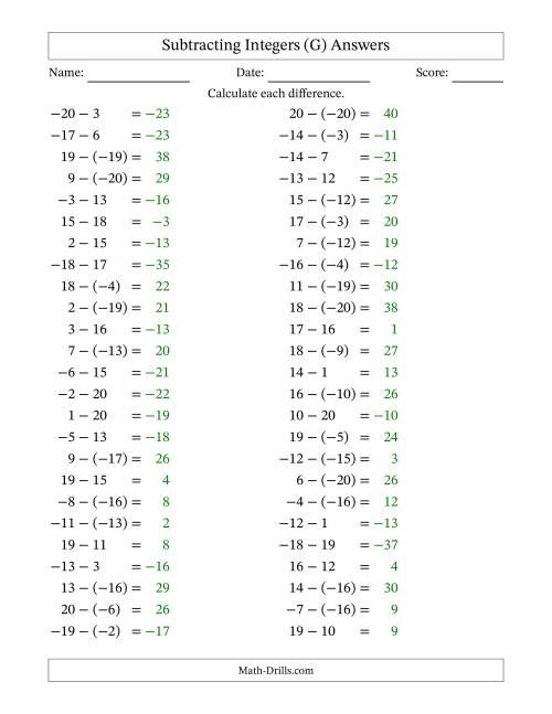 The Subtracting Mixed Integers from -20 to 20 (50 Questions) (G) Math Worksheet Page 2