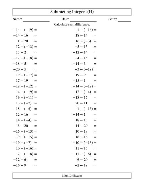 The Subtracting Mixed Integers from -20 to 20 (50 Questions) (H) Math Worksheet