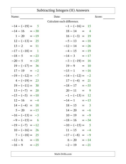 The Subtracting Mixed Integers from -20 to 20 (50 Questions) (H) Math Worksheet Page 2