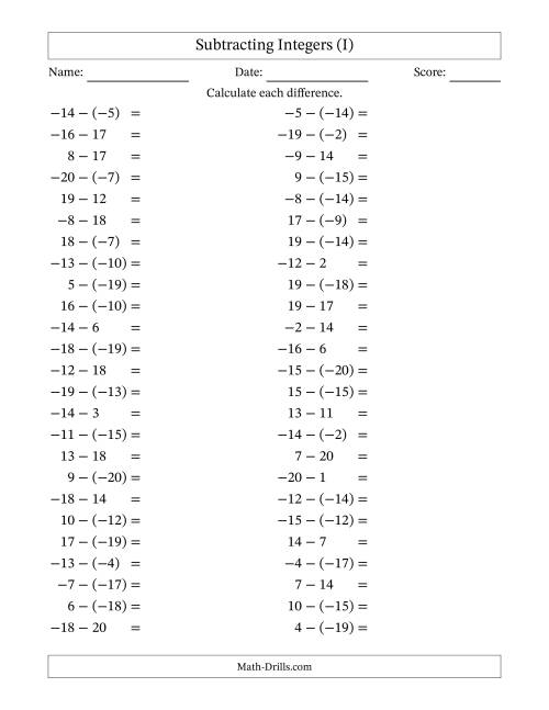 The Subtracting Mixed Integers from -20 to 20 (50 Questions) (I) Math Worksheet