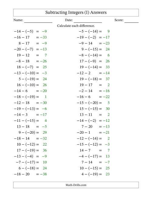 The Subtracting Mixed Integers from -20 to 20 (50 Questions) (I) Math Worksheet Page 2