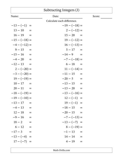 The Subtracting Mixed Integers from -20 to 20 (50 Questions) (J) Math Worksheet