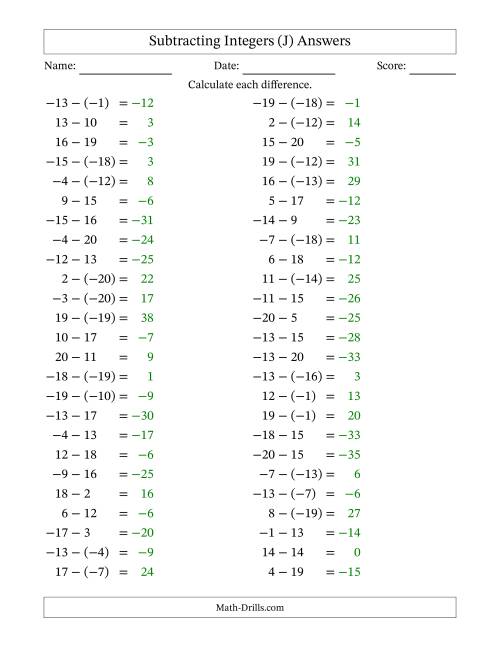 The Subtracting Mixed Integers from -20 to 20 (50 Questions) (J) Math Worksheet Page 2