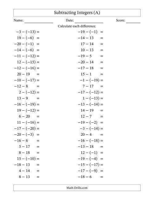 The Subtracting Mixed Integers from -20 to 20 (50 Questions) (All) Math Worksheet