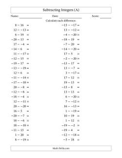 Subtracting Mixed Integers from -20 to 20 (50 Questions; No Parentheses)