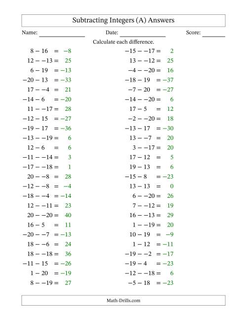 The Subtracting Mixed Integers from -20 to 20 (50 Questions; No Parentheses) (A) Math Worksheet Page 2