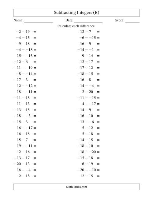 The Subtracting Mixed Integers from -20 to 20 (50 Questions; No Parentheses) (B) Math Worksheet