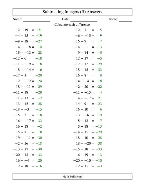The Subtracting Mixed Integers from -20 to 20 (50 Questions; No Parentheses) (B) Math Worksheet Page 2