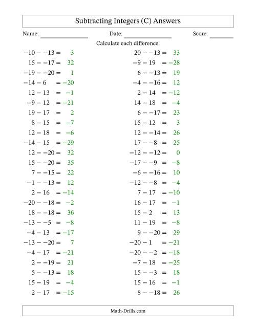 The Subtracting Mixed Integers from -20 to 20 (50 Questions; No Parentheses) (C) Math Worksheet Page 2