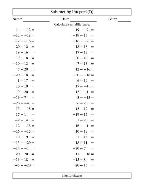 The Subtracting Mixed Integers from -20 to 20 (50 Questions; No Parentheses) (D) Math Worksheet