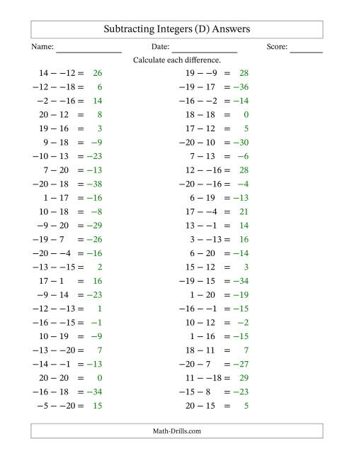 The Subtracting Mixed Integers from -20 to 20 (50 Questions; No Parentheses) (D) Math Worksheet Page 2