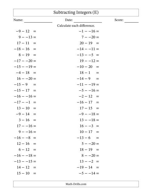 The Subtracting Mixed Integers from -20 to 20 (50 Questions; No Parentheses) (E) Math Worksheet