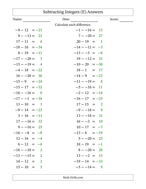 The Subtracting Mixed Integers from -20 to 20 (50 Questions; No Parentheses) (E) Math Worksheet Page 2