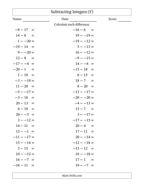 The Subtracting Mixed Integers from -20 to 20 (50 Questions; No Parentheses) (F) Math Worksheet