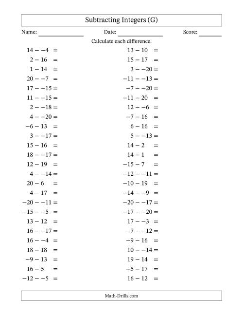 The Subtracting Mixed Integers from -20 to 20 (50 Questions; No Parentheses) (G) Math Worksheet