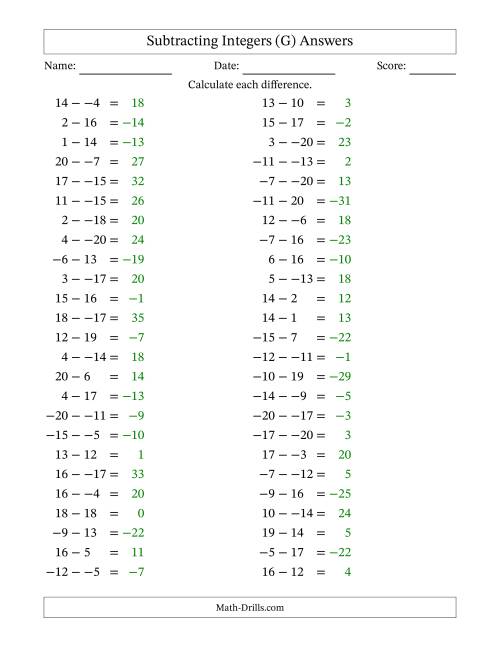 The Subtracting Mixed Integers from -20 to 20 (50 Questions; No Parentheses) (G) Math Worksheet Page 2