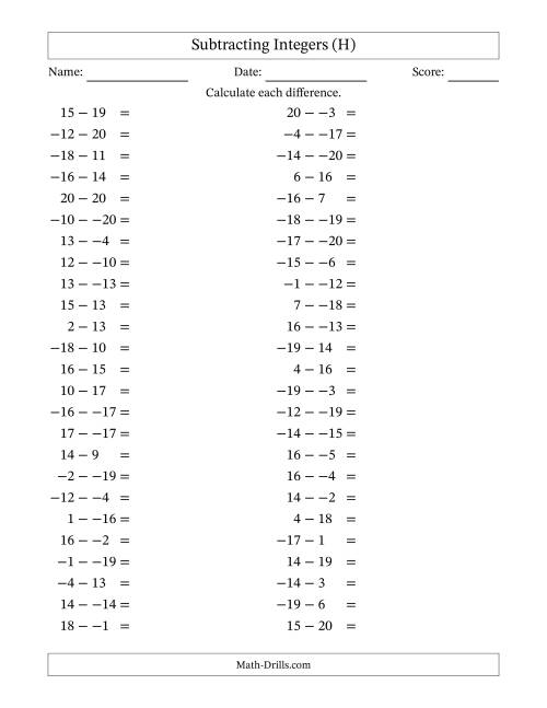 The Subtracting Mixed Integers from -20 to 20 (50 Questions; No Parentheses) (H) Math Worksheet
