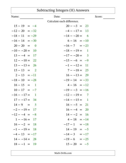 The Subtracting Mixed Integers from -20 to 20 (50 Questions; No Parentheses) (H) Math Worksheet Page 2