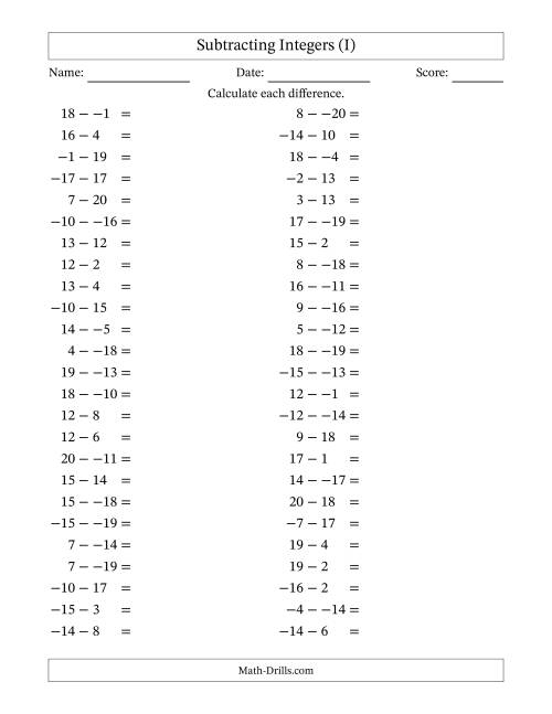 The Subtracting Mixed Integers from -20 to 20 (50 Questions; No Parentheses) (I) Math Worksheet