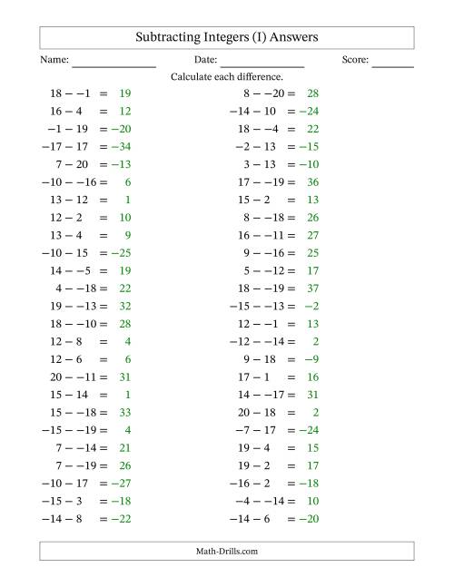 The Subtracting Mixed Integers from -20 to 20 (50 Questions; No Parentheses) (I) Math Worksheet Page 2