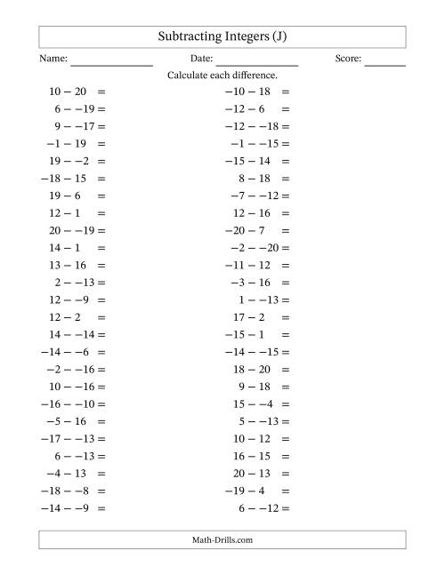 The Subtracting Mixed Integers from -20 to 20 (50 Questions; No Parentheses) (J) Math Worksheet