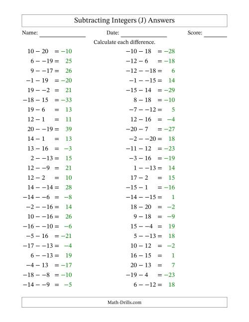 The Subtracting Mixed Integers from -20 to 20 (50 Questions; No Parentheses) (J) Math Worksheet Page 2