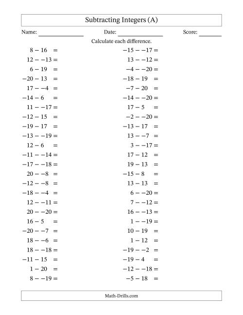 The Subtracting Mixed Integers from -20 to 20 (50 Questions; No Parentheses) (All) Math Worksheet