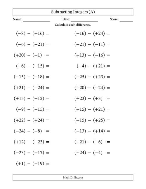 The Subtracting Mixed Integers from -25 to 25 (25 Questions; Large Print; All Parentheses) (A) Math Worksheet