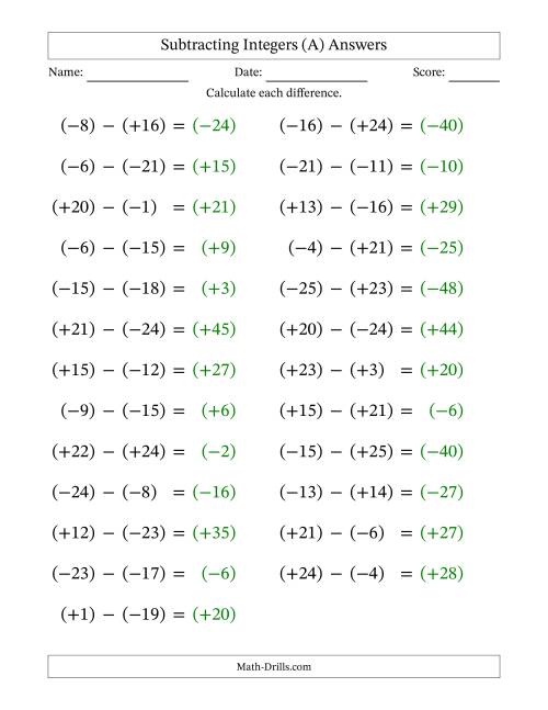 The Subtracting Mixed Integers from -25 to 25 (25 Questions; Large Print; All Parentheses) (A) Math Worksheet Page 2