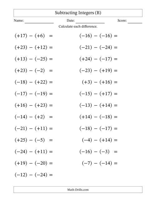 The Subtracting Mixed Integers from -25 to 25 (25 Questions; Large Print; All Parentheses) (B) Math Worksheet
