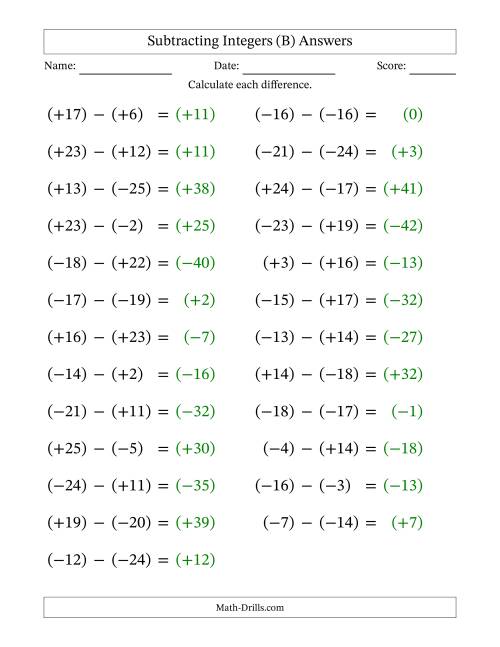 The Subtracting Mixed Integers from -25 to 25 (25 Questions; Large Print; All Parentheses) (B) Math Worksheet Page 2