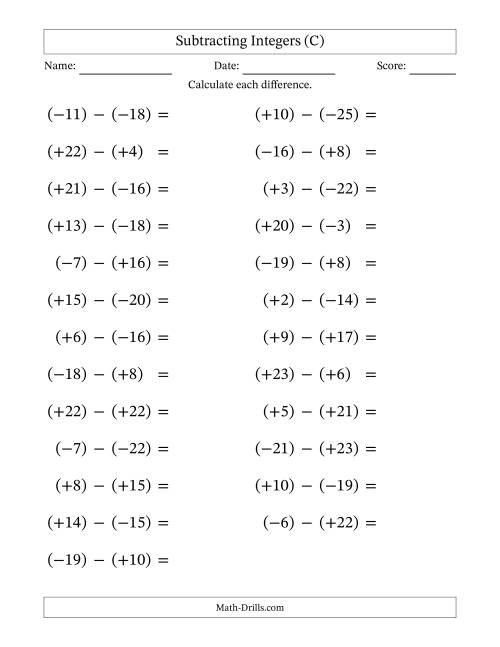 The Subtracting Mixed Integers from -25 to 25 (25 Questions; Large Print; All Parentheses) (C) Math Worksheet