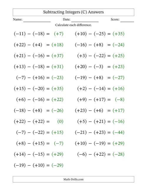 The Subtracting Mixed Integers from -25 to 25 (25 Questions; Large Print; All Parentheses) (C) Math Worksheet Page 2