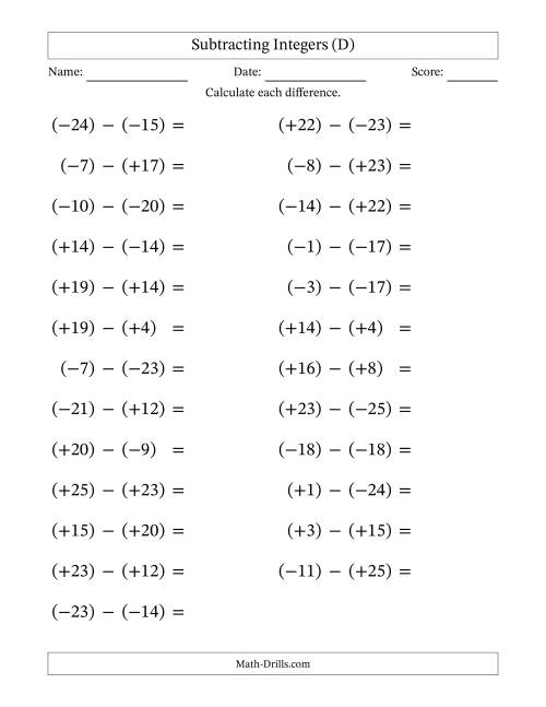 The Subtracting Mixed Integers from -25 to 25 (25 Questions; Large Print; All Parentheses) (D) Math Worksheet